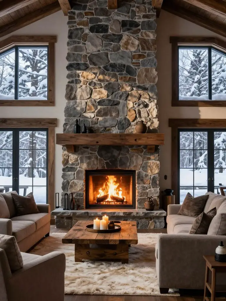 A grand winter cabin living room designed in classic mountain rustic style, anchored by a floor-to-ceiling stone fireplace in textured gray.