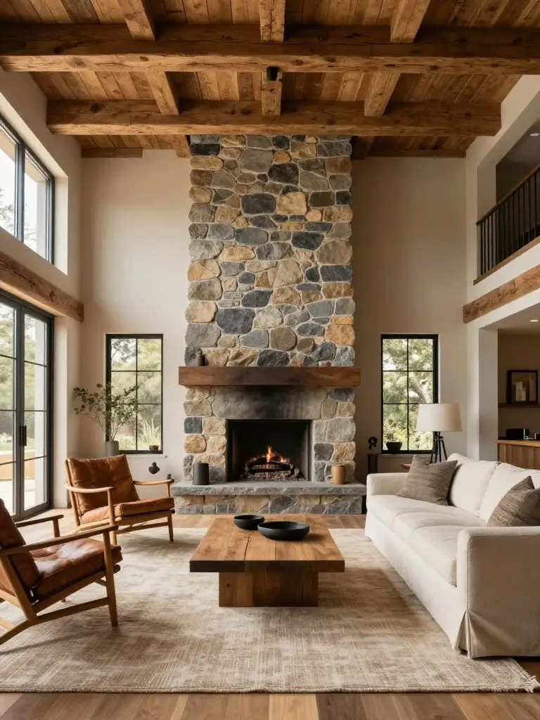 A grand modern rustic living room defined by a central stone fireplace column reaching up to a coffered timber ceiling.