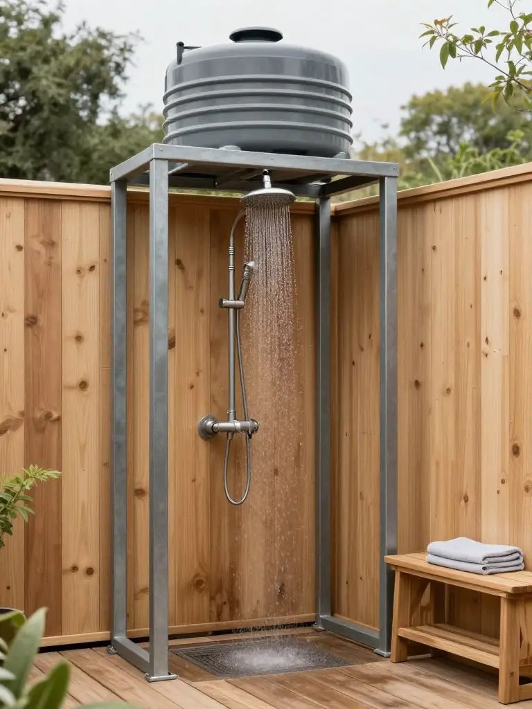 A gravity-fed off grid shower system built with a sturdy metal frame supporting a large elevated water tank above the shower enclosure.