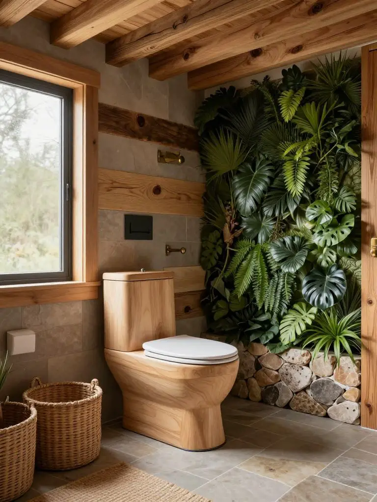 Photograph a serene, modern rustic cabin bathroom that features a centrally placed, waterless composting toilet crafted from smooth, pale wo.