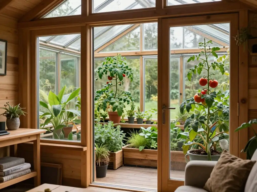 interior photograph showing cabin living space connected to attached greenhouse through glass doors, abundant plants visible in greenhouse b.
