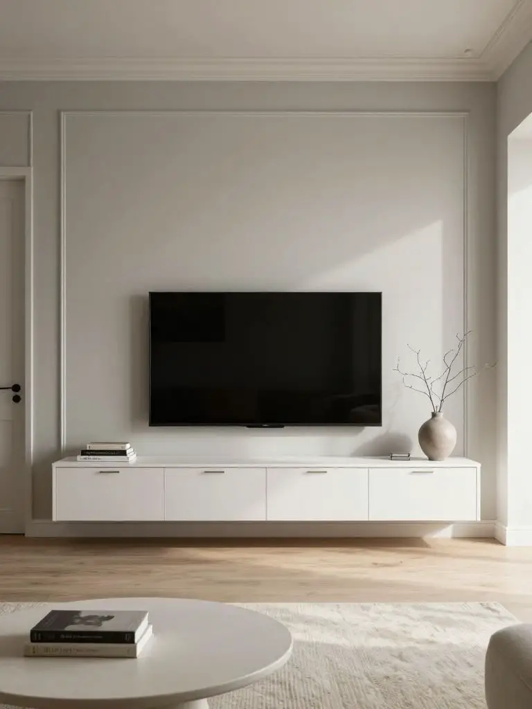 A greige minimalist TV wall featuring a floating white console stretching wall-to-wall beneath a centered television.
