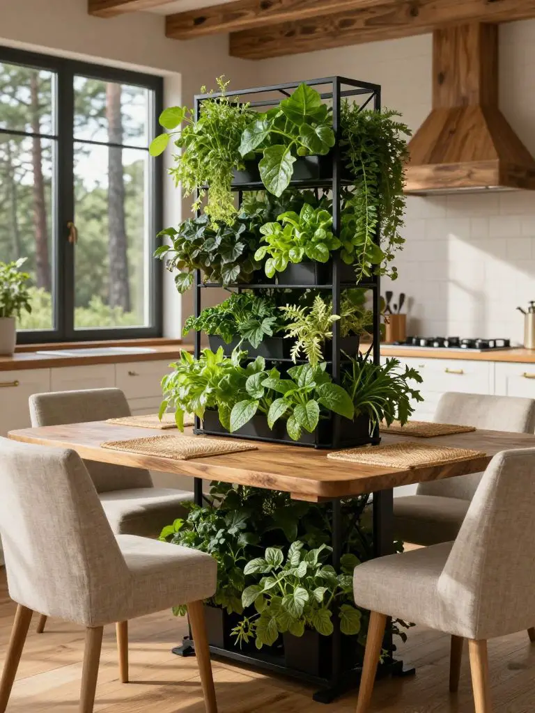 Photograph a hyper- indoor vertical garden system integrated into a modern rustic cabin kitchen, where lush edible greens cascade down a mat.