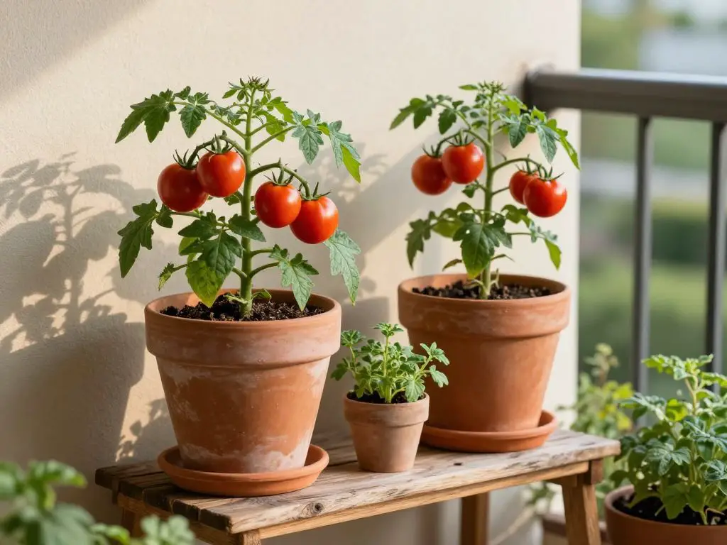image of a small sunny apartment balcony garden featuring terracotta pots with thriving tomato plants heavy with red fruit, fresh herbs in s.