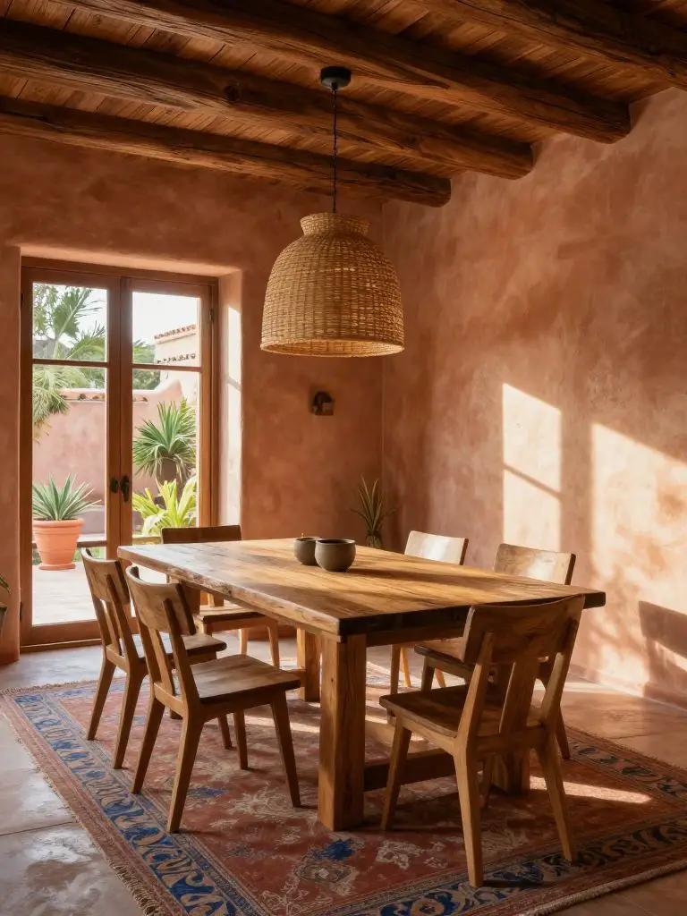 A Hacienda-style dining room featuring a solid reclaimed wood dining table centered under exposed wooden ceiling beams.