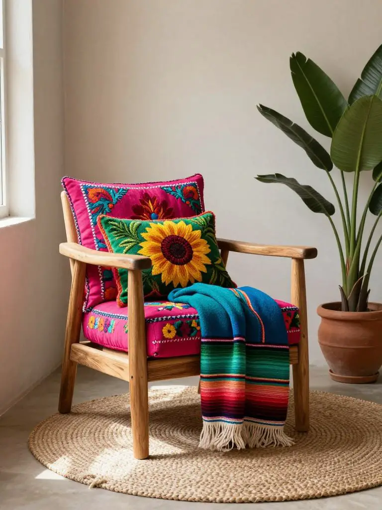 A rustic wooden accent chair positioned on a woven jute rug in a cozy Mexican-inspired corner.