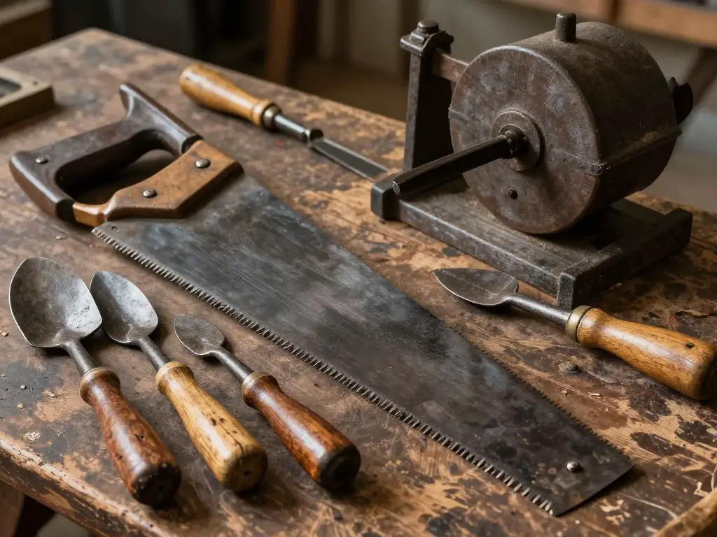 image of vintage hand tools artfully arranged on weathered workbench, hand saw, manual grain mill, traditional garden tools, worn wooden han.