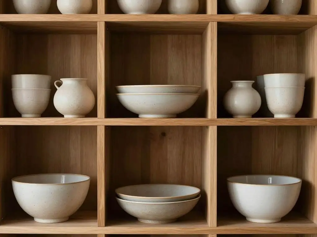 interior photography of open wooden shelving displaying handcrafted ceramic tableware, organic shaped pottery in matte neutral glazes, wabi.