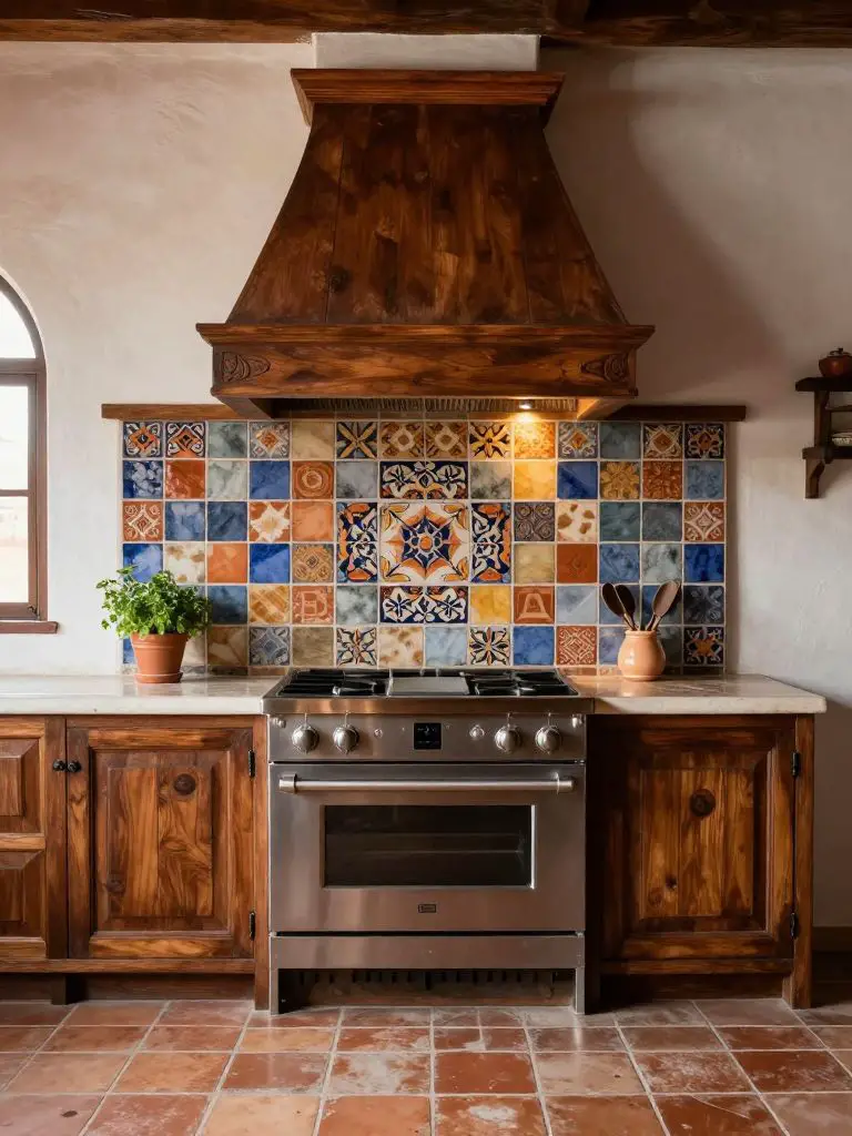 A rustic Mexican Hacienda kitchen centered on a handcrafted tile mosaic backsplash in earthy slate blue, terracotta, mustard, and charcoal t.