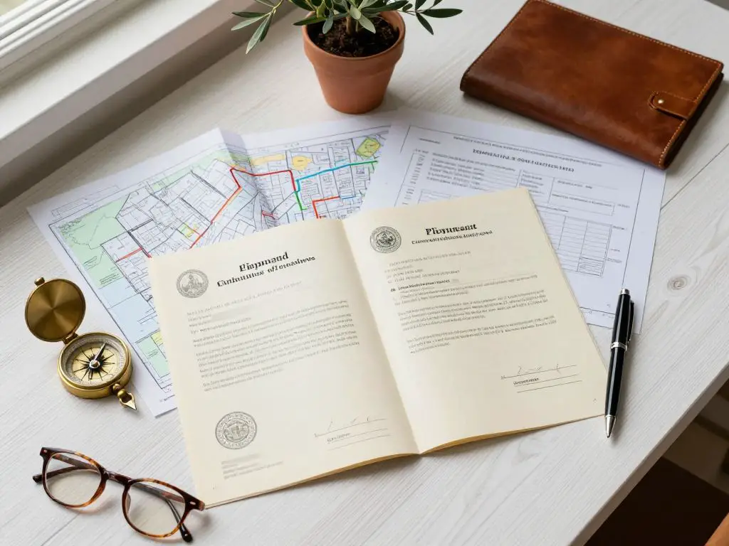 Overhead flat-lay photograph of essential off-grid legal documents and planning materials arranged on a large white oak desk with visible wo.