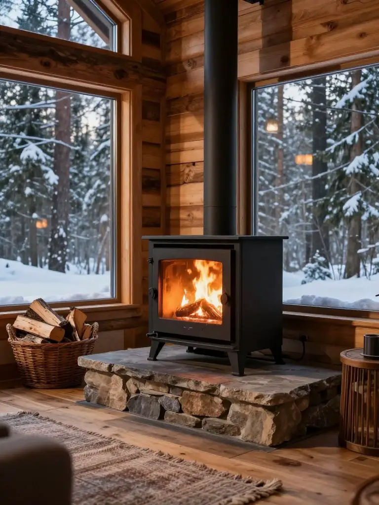 Capture an , hyper- image of a modern rustic cabin living space featuring a matte black steel wood stove as the hero subject, centrally posi.