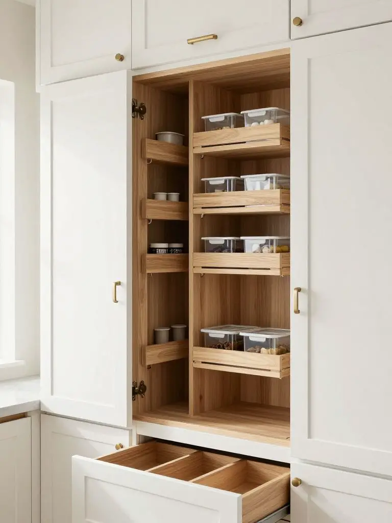 Smart kitchen remodel showcasing a hidden pantry cabinet as the hero element, captured with doors open to reveal custom pull-out shelves, ti.