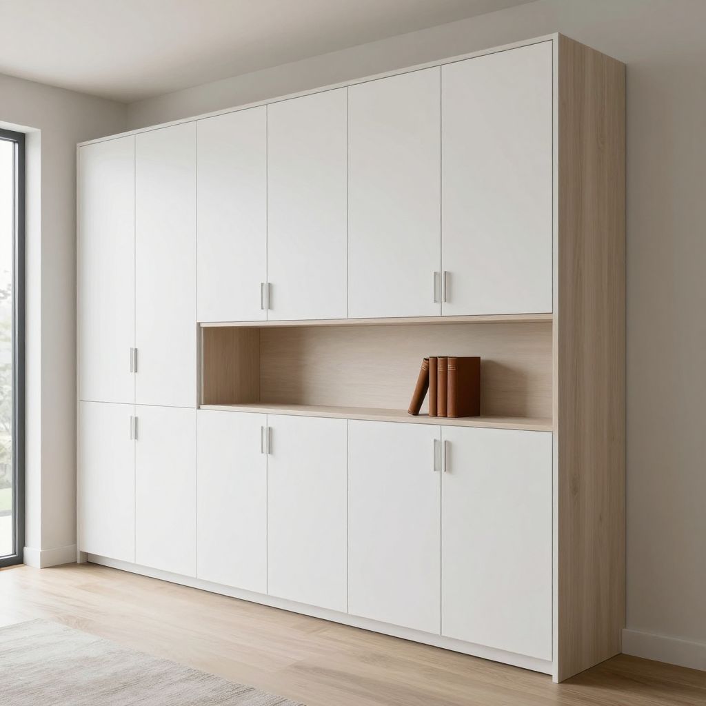 Professional interior photography of minimalist storage solutions seamlessly integrated into living room design, featuring floor-to-ceiling.