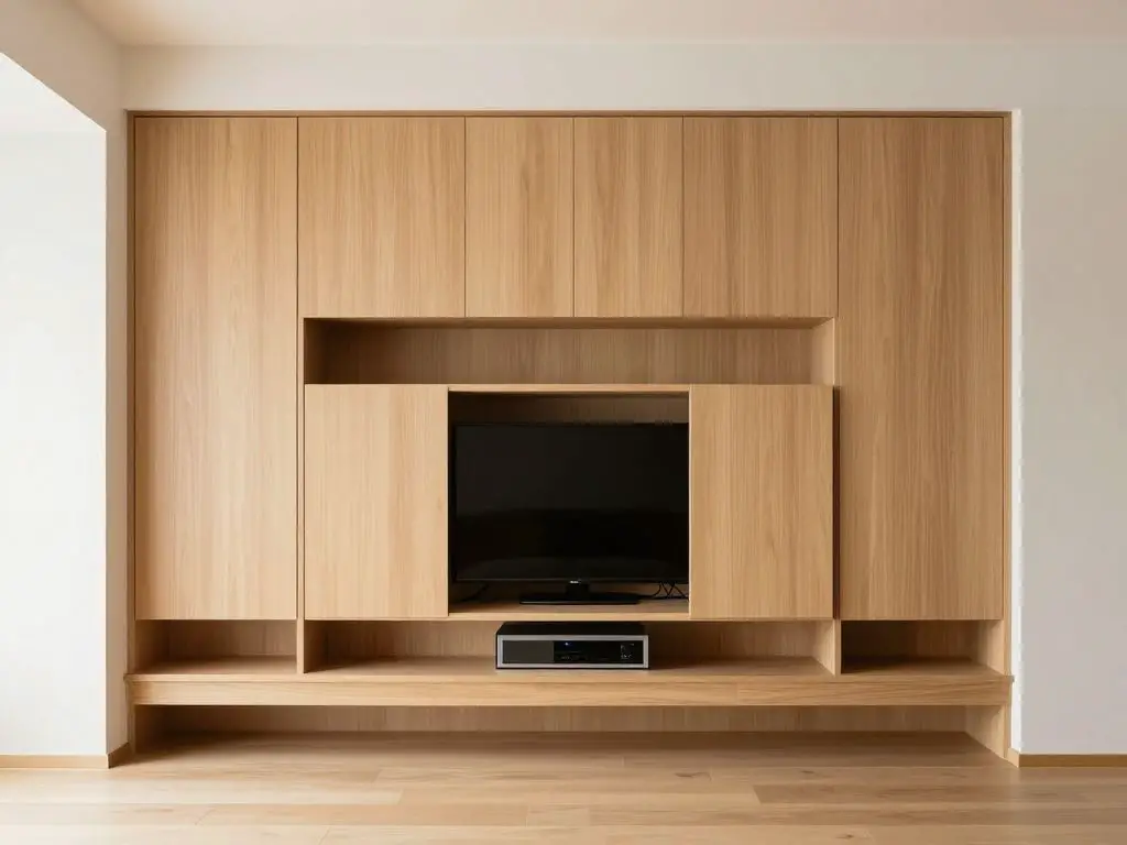 interior photograph of concealed storage in Japanese minimalist living room, sleek closed wooden cabinet with clean facade hiding technology.