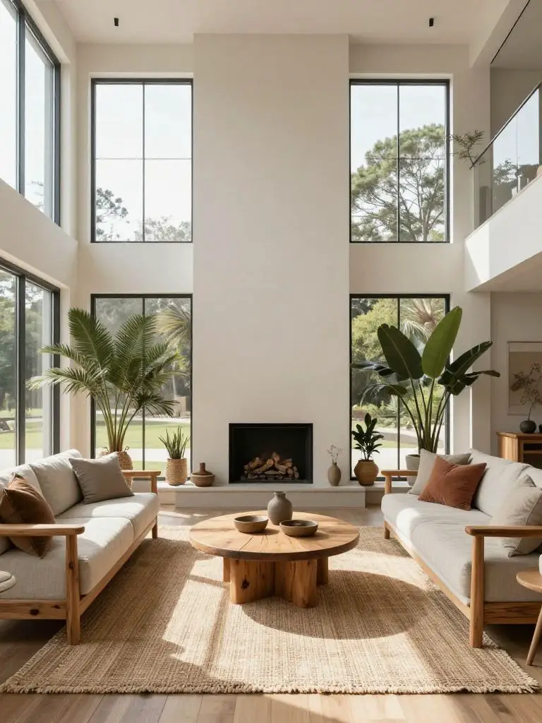 Design a high-ceiling sustainable home decor living room with oversized grid windows and abundant daylight.