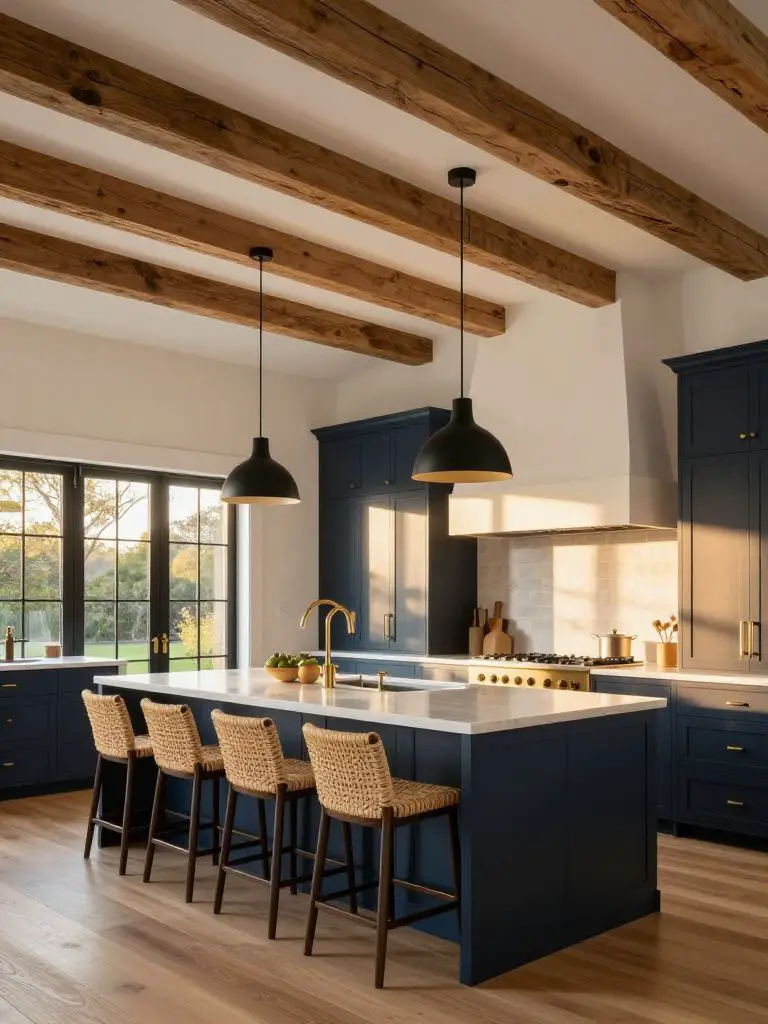 A vaulted modern farmhouse kitchen renovation featuring exposed reclaimed wooden ceiling beams running horizontally across the frame, paired.