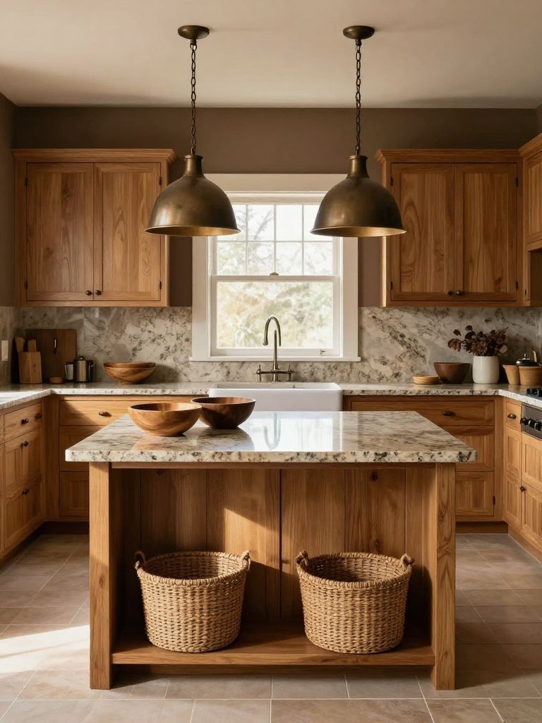 A traditional earthy kitchen centered around a granite-topped island as the hero subject, surrounded by honey oak raised-panel cabinetry.