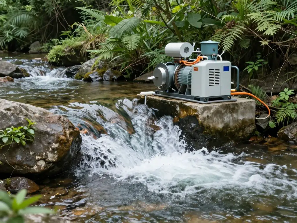 photography of a micro-hydroelectric turbine installation beside a flowing creek, clear water cascading over rocks, compact power generation.