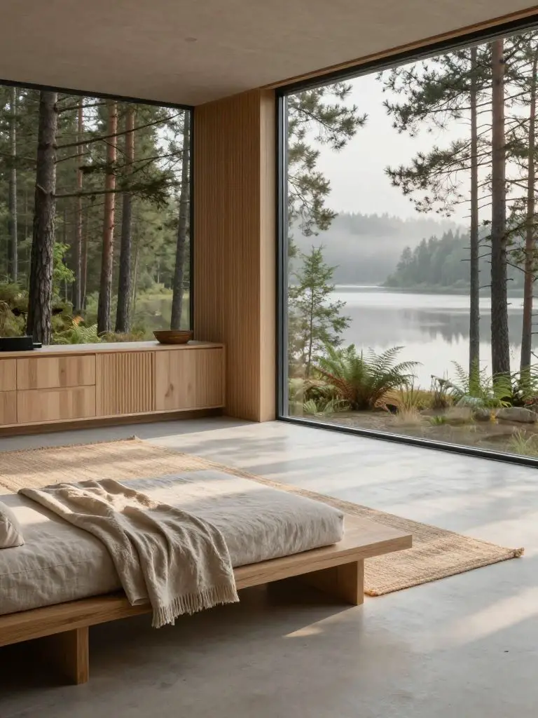 A minimalist Scandinavian home seamlessly nestled within a lush northern pine forest, with expansive floor-to-ceiling windows framing a tran.