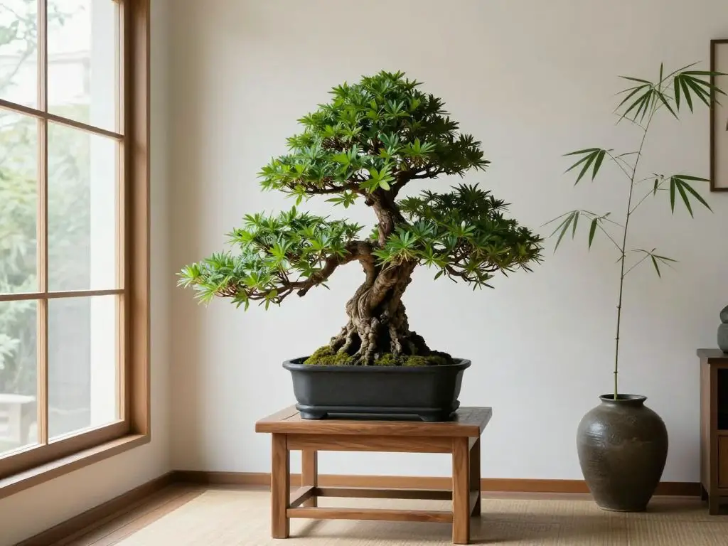 interior photograph of mindful plant display in Japanese minimalist living room, single statement bonsai tree on simple wooden stand near wi.