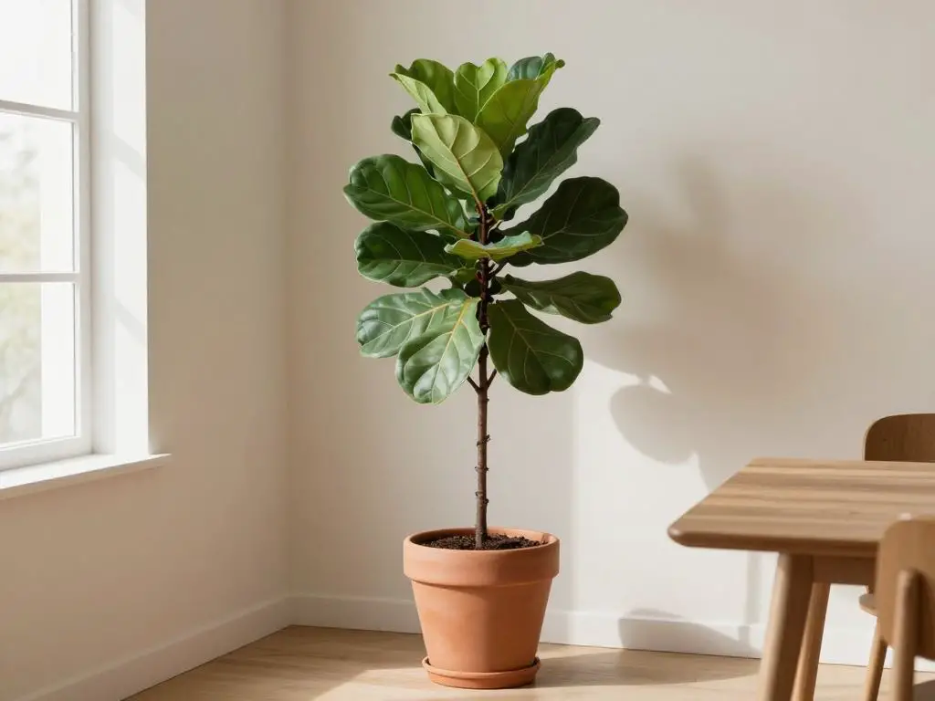 interior photography of a single healthy fiddle leaf fig plant in simple terracotta pot placed in corner of Japandi dining room, natural win.