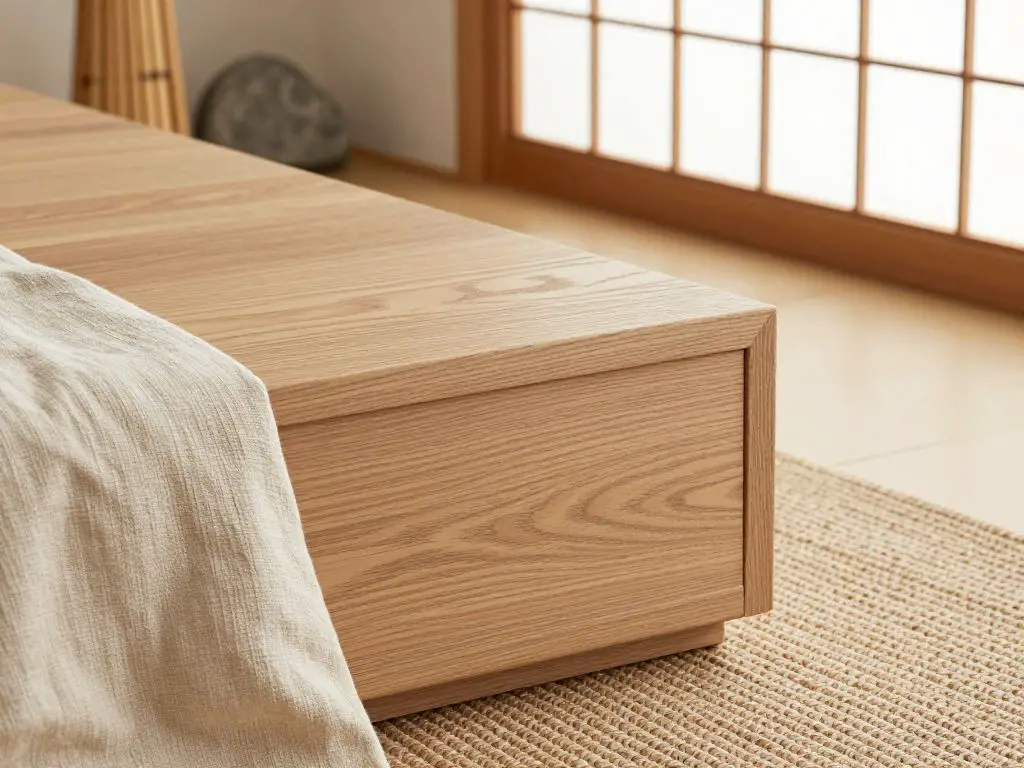 interior photograph highlighting natural materials in Japanese minimalist space, close-up composition showing light oak wood grain texture.