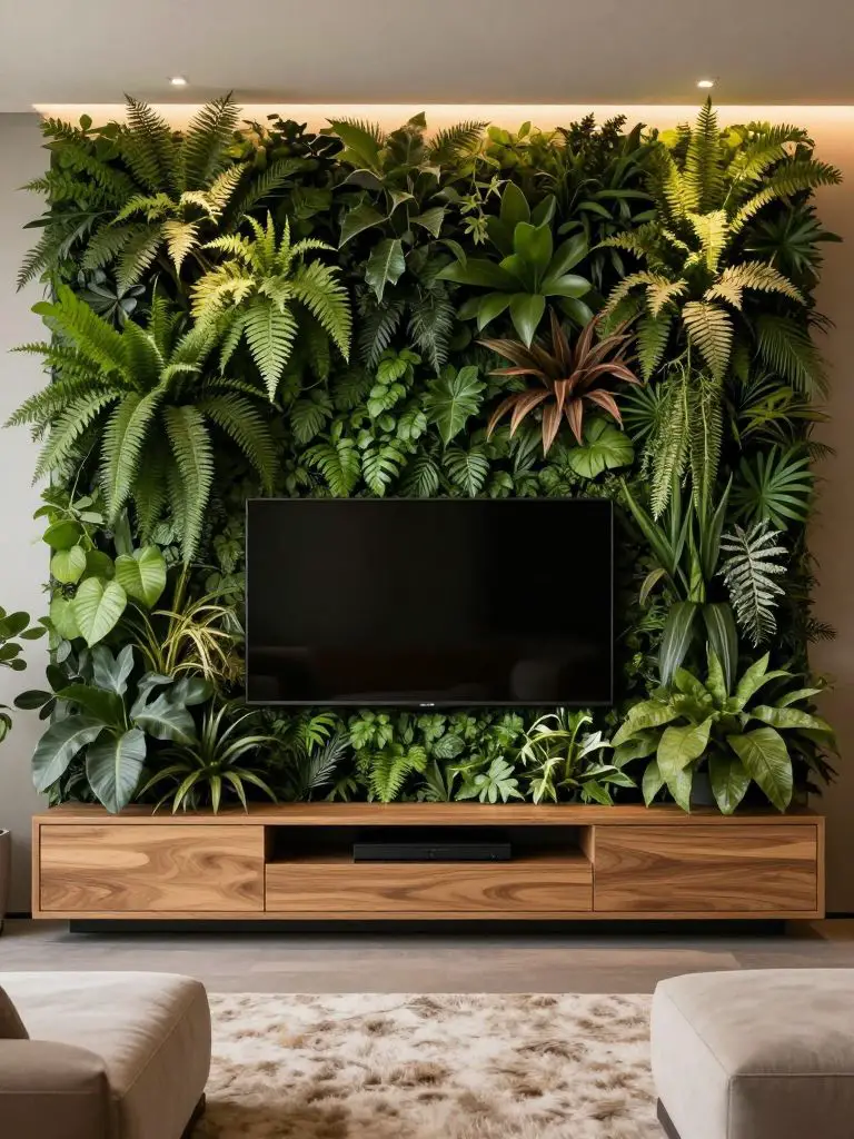 A dramatic minimalist TV wall featuring a full-height indoor vertical garden as the backdrop.