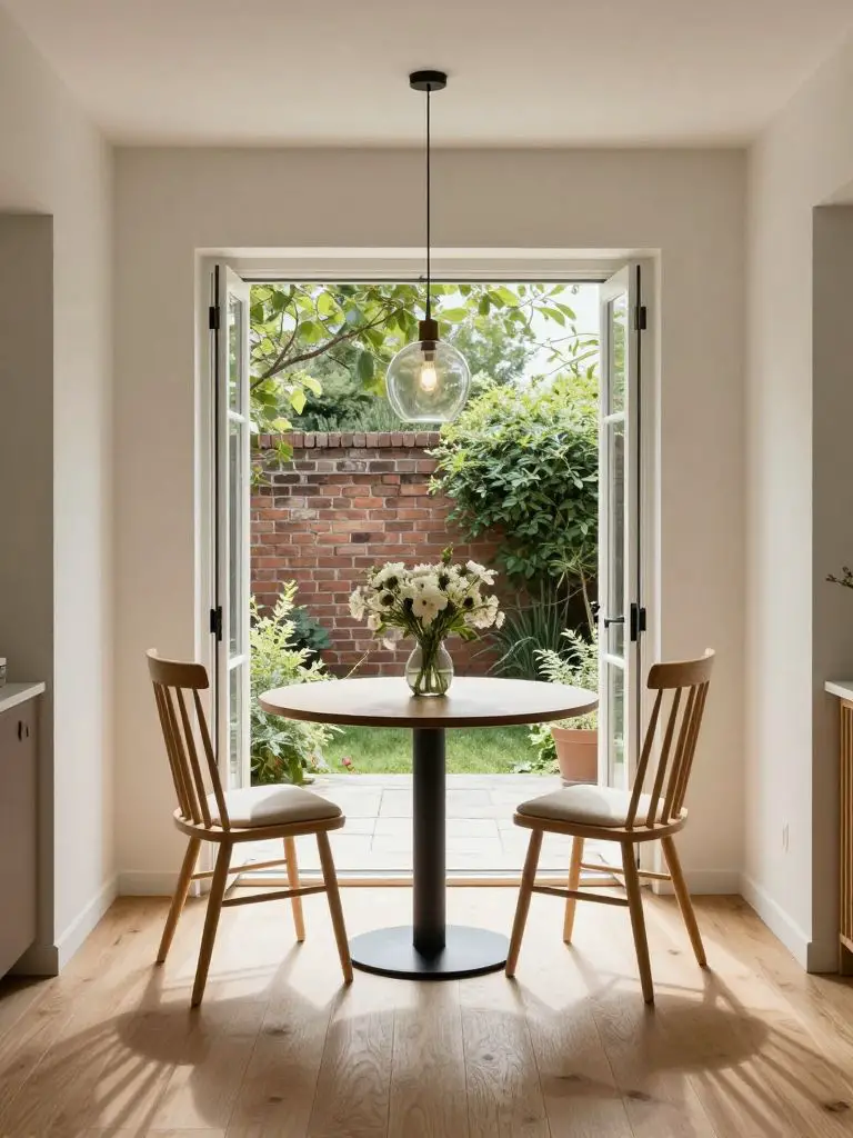 A seamless indoor-outdoor dining nook connected to a tiny backyard, styled in Scandinavian Warm Minimalist design.