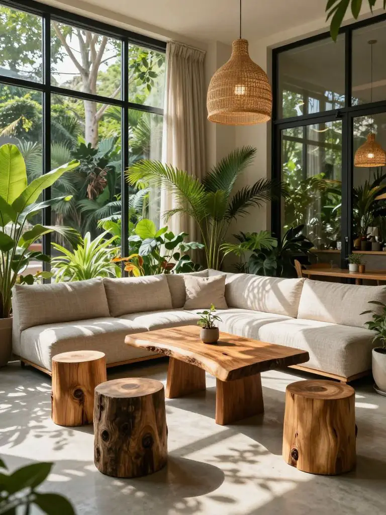An indoor-outdoor eco friendly lounge with expansive glass walls blending interior comfort and lush exterior greenery.
