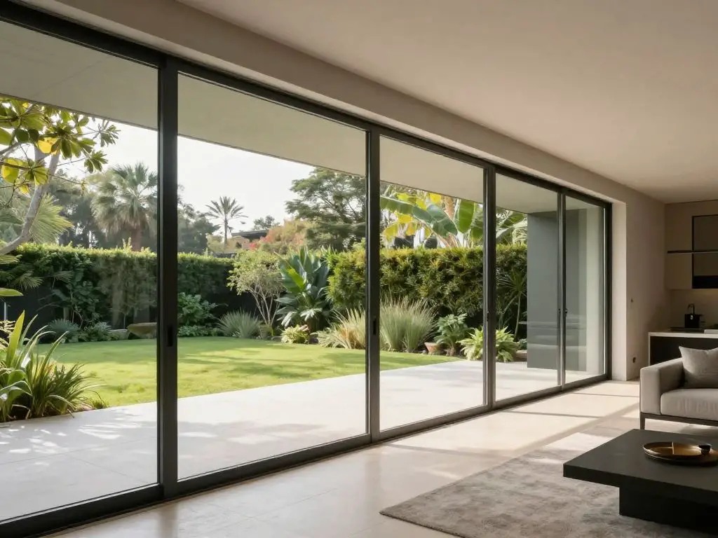 photography of an indoor-outdoor living space with fully retracted floor-to-ceiling glass walls, seamless transition between modern interior.