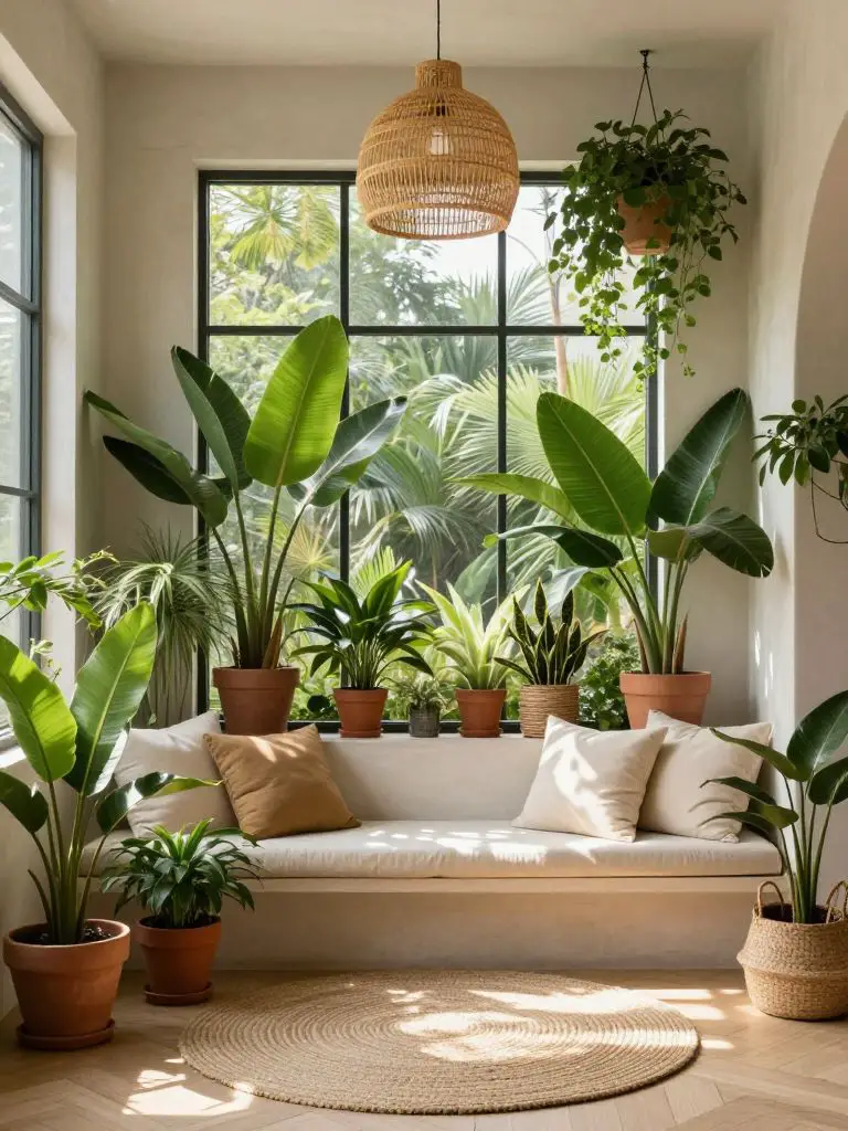 A lush eco friendly living corner filled with indoor greenery.