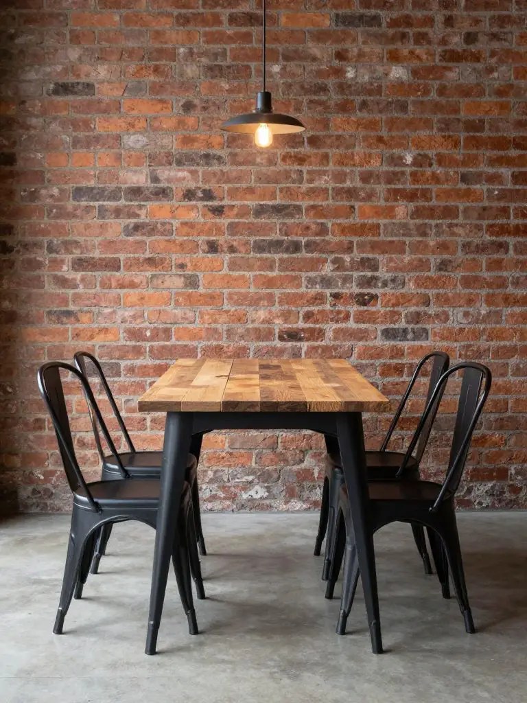 interior photography of industrial minimalist dining setup with narrow black metal table, reclaimed wood plank top, two matte black metal ch.