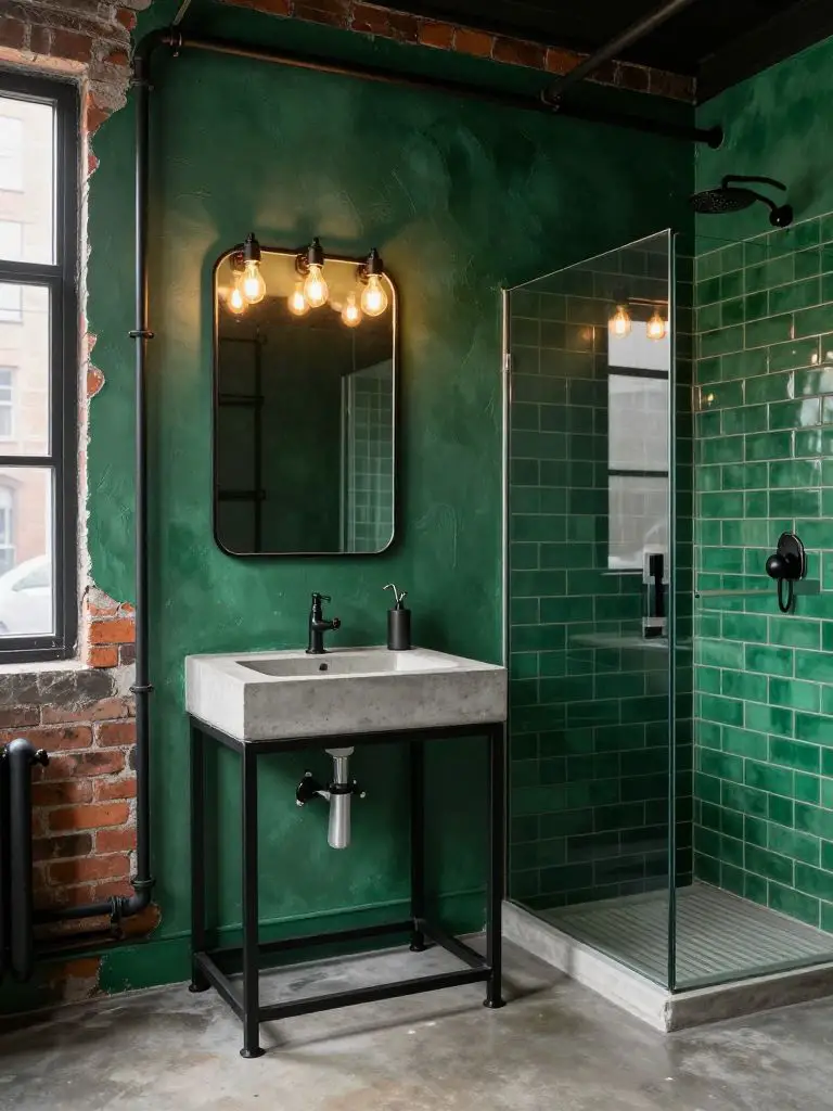 An industrial emerald bathroom featuring matte emerald plaster walls paired with exposed brick and black steel piping.