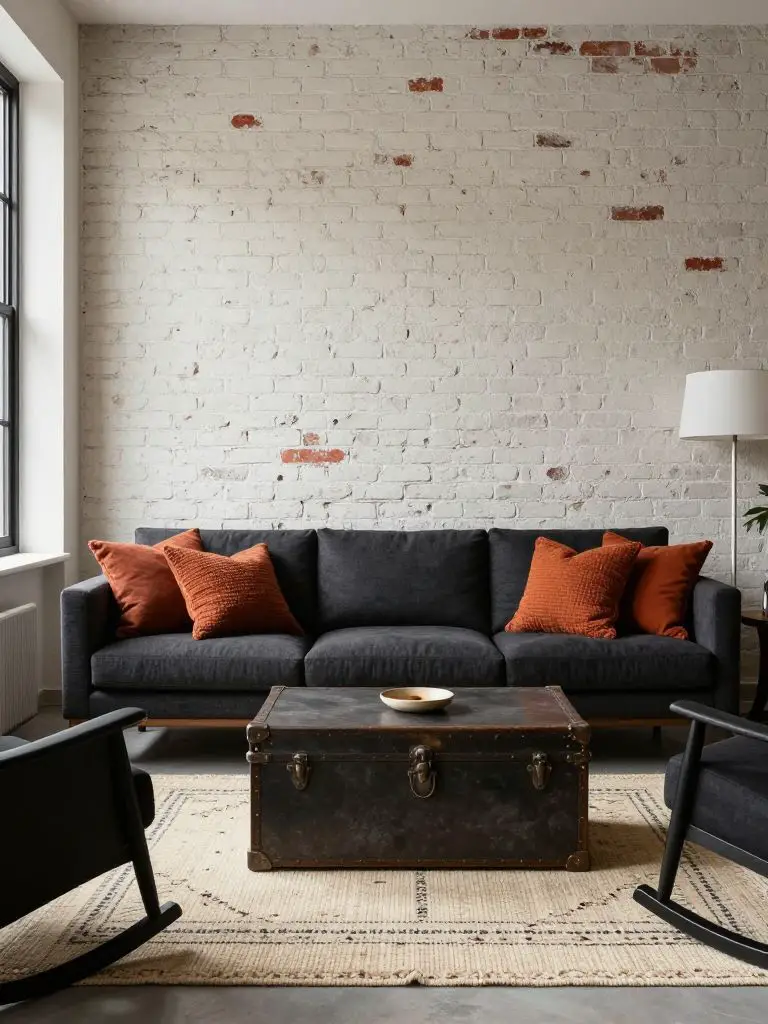 An industrial-inspired neutral living room with an exposed light brick wall as the hero backdrop.