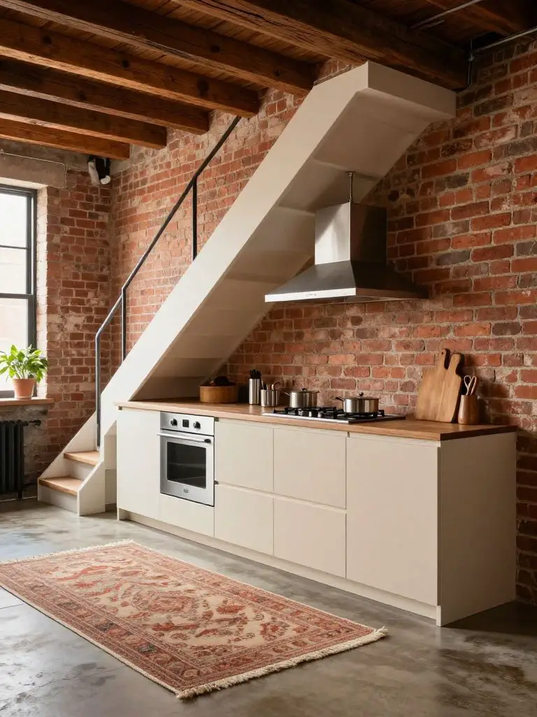 An industrial rustic kitchen designed in Loft Rustic style featuring exposed brick walls and visible reclaimed wood ceiling beams.