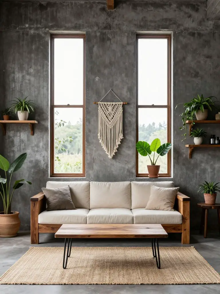 An industrial rustic sustainable living room featuring raw concrete walls and handcrafted reclaimed wood furniture.