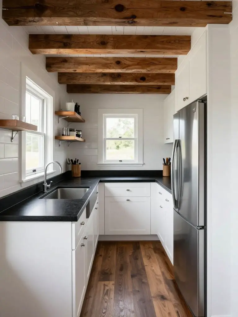 An industrial rustic tiny home kitchen with black granite countertops, white shaker cabinetry, and reclaimed wood upper shelving.