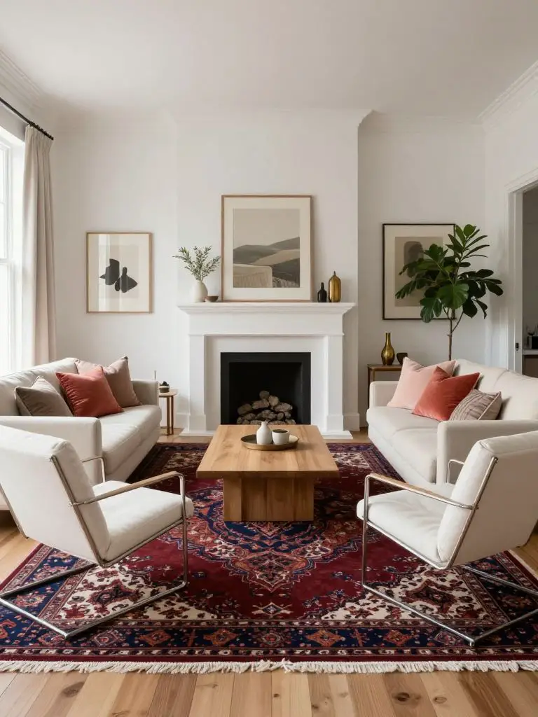 A bright eclectic living room with a warm minimalist foundation, centered around a low-profile cream sofa styled with textured throw pillows.
