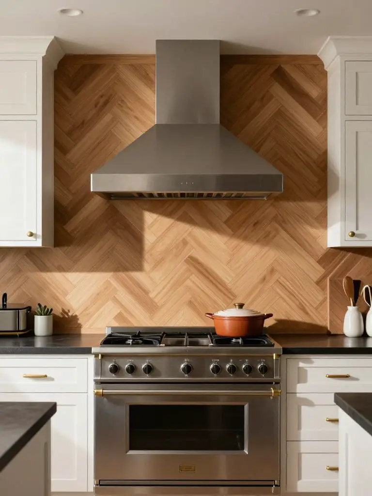 A modern farmhouse kitchen renovation featuring a striking herringbone wood backsplash installed behind a stainless steel range hood.
