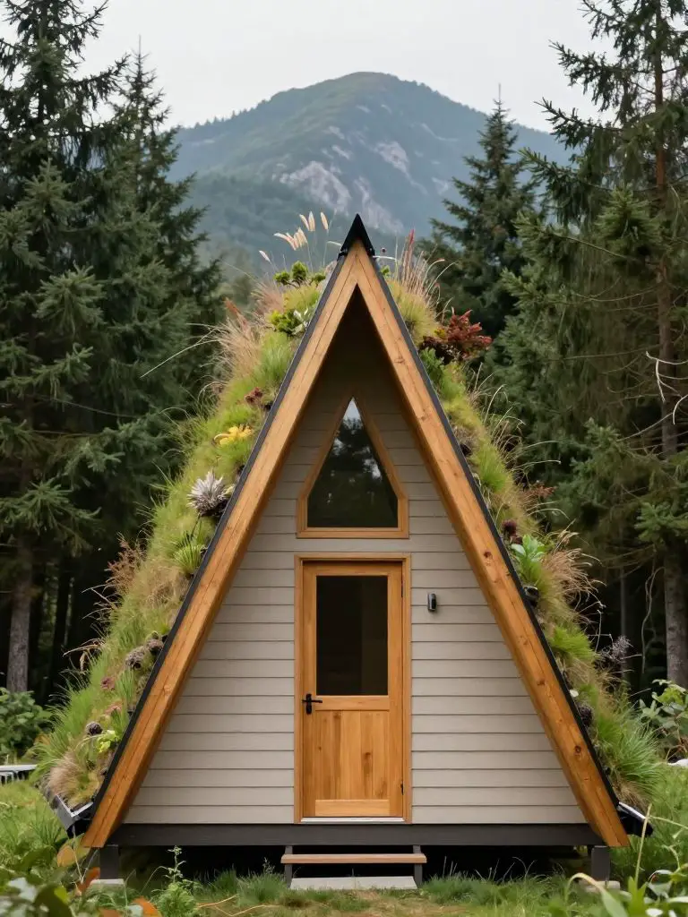 A small eco cabin exterior featuring a living green roof blending seamlessly into a forest hillside.