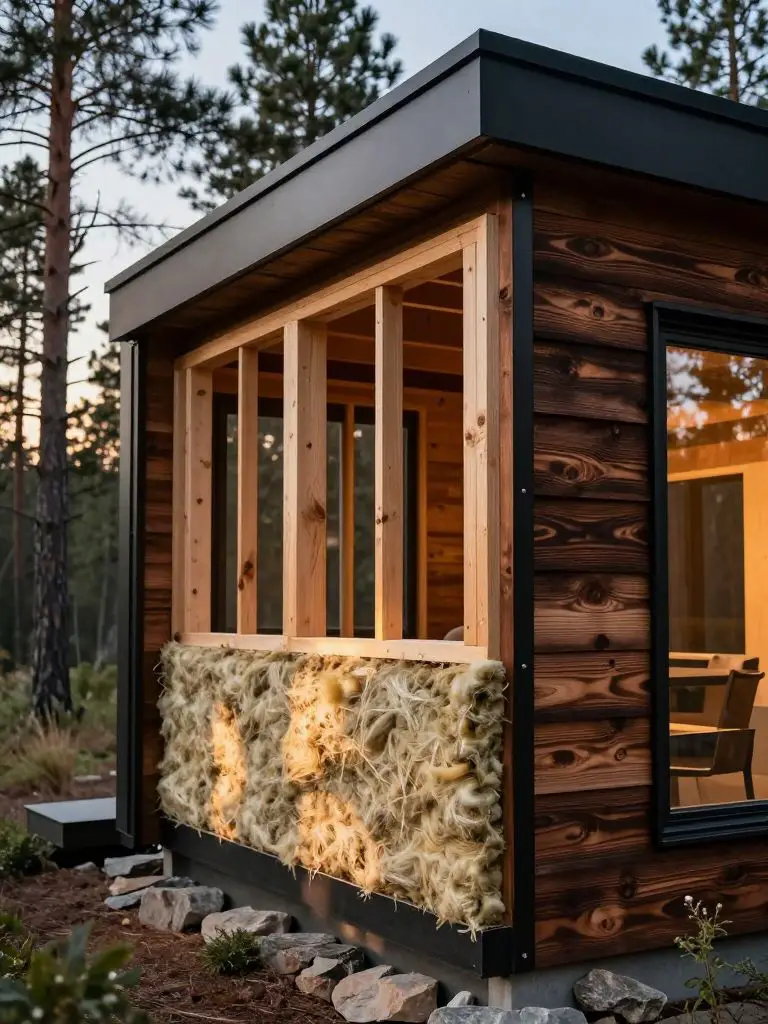 Capture a hyper- photograph of a modern cabin’s exterior wall section, highlighting eco-friendly insulation materials integrated seamlessly.