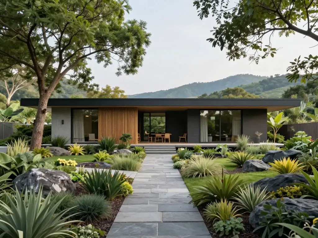 exterior photography of a sustainable eco house beautifully integrated into natural landscape with native plant garden, strategic shade tree.
