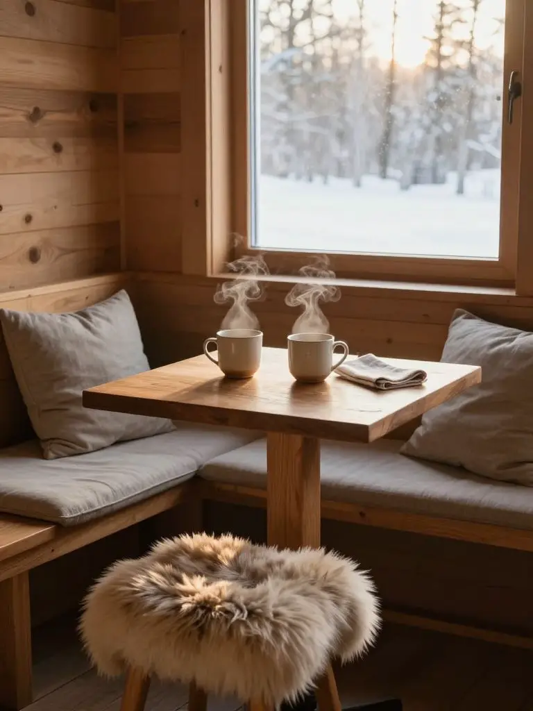 An intimate winter cabin decor breakfast nook styled in warm rustic minimalism, featuring a built-in wooden bench beneath a frosted window g.