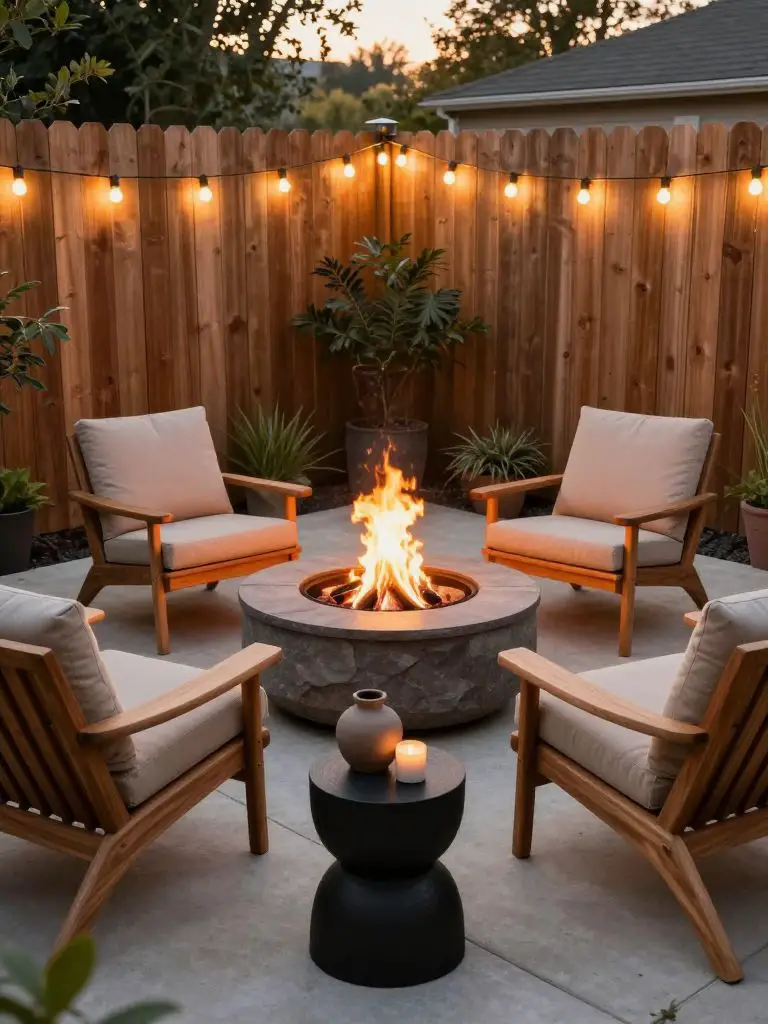An intimate tiny backyard patio centered around a circular stone fire pit in a Modern Rustic style.