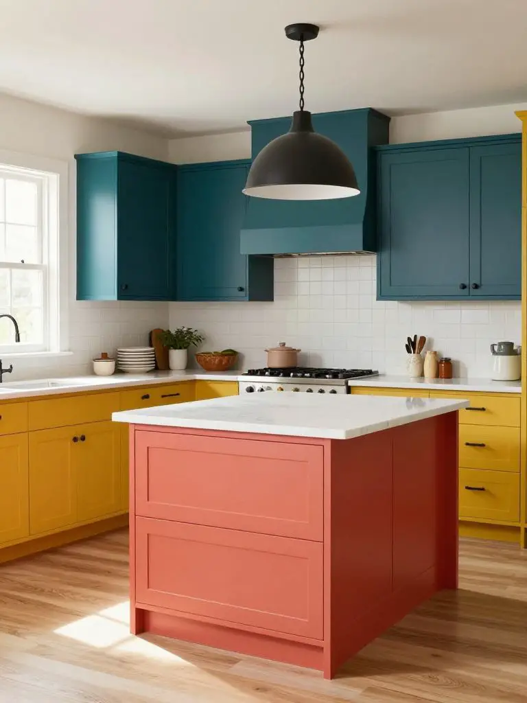 A vibrant modern farmhouse kitchen renovation showcasing bold color-blocked cabinetry with mustard yellow lower panels and deep teal upper c.
