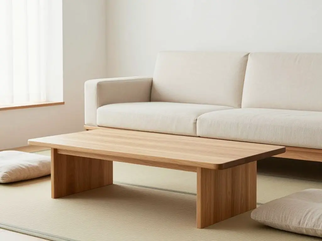 interior photography of Japanese low-profile furniture arrangement, blonde wood low-slung coffee table with clean geometric lines in foregro.