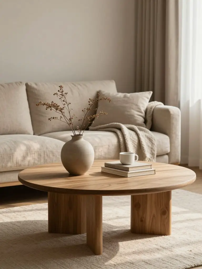 A Scandinavian and Japanese design style living room detail centered on a low round oak coffee table positioned in front of a soft beige lin.