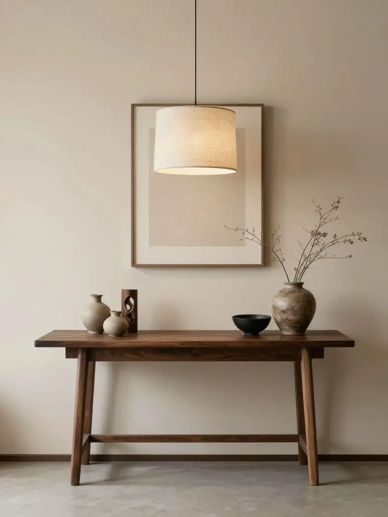 A Scandinavian Japanese entry console styled with a dark-stained wood table against a smooth warm ivory wall.