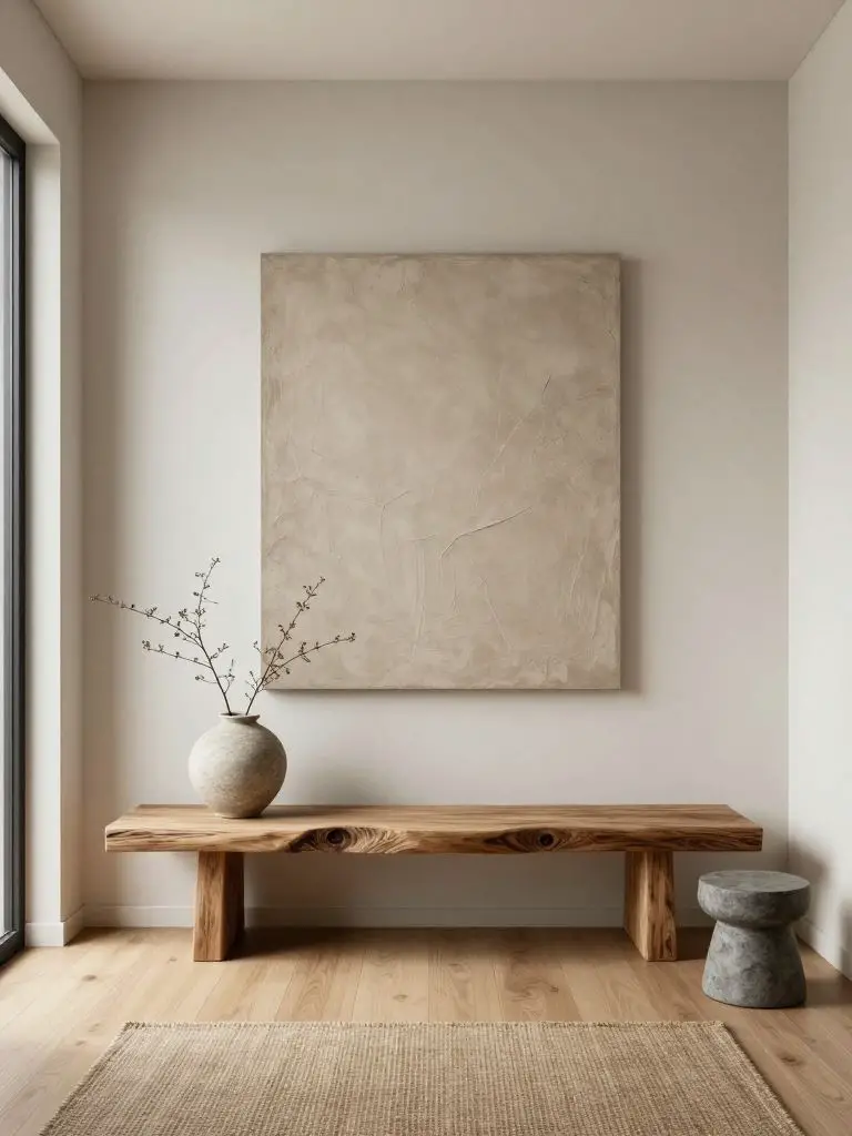 A minimalist Japandi entryway featuring a sculptural live-edge wood bench as the focal point, centered against a soft off-white plaster wall.