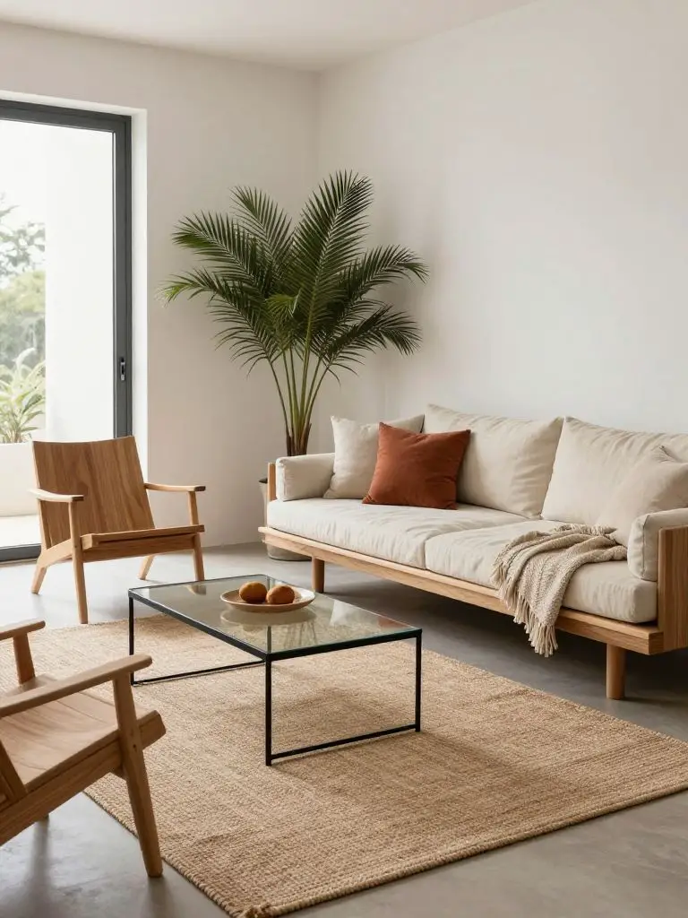 A Japandi-inspired minimalist living room with organic textures and warm wood tones.